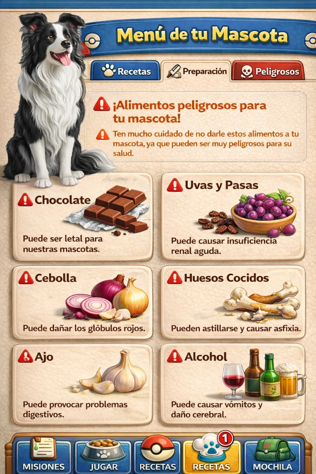 Pantalla de alimentos peligrosos para mascotas